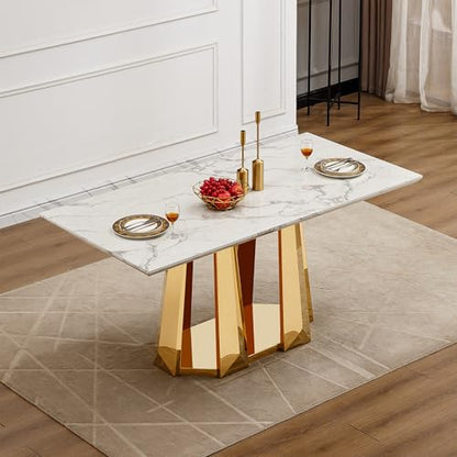 Marble Dining Table for 6 People, 70'' Rectangle Faux Marble Dining Table with Mirrored Stainless Steel Base, Large Size Marble Kitchen Table (Gold,White)(only Table)