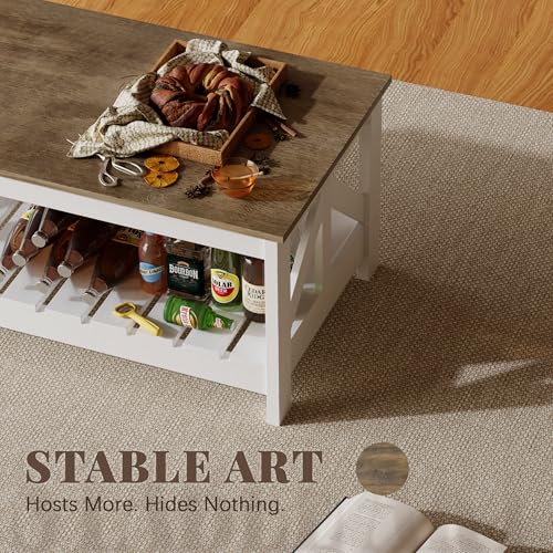 39” Farmhouse Coffee Table for Living Room, 2-Tier Modern Living Room Table with Storage Shelf, Rustic Rectangular Center Table Space Saving Home Furniture (Gray & White)