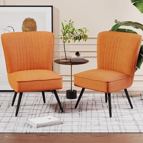 Orange Accent Chair Set of 2 Upholstered Living Room Chairs Modern Bedroom Furniture Sets Armless Slipper Club Chair Guest Reception Couch Comfy Wingback Single Sofa