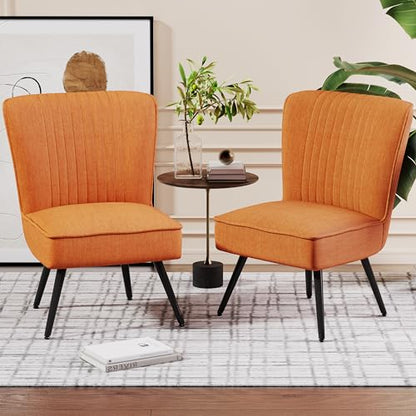 Orange Accent Chair Set of 2 Upholstered Living Room Chairs Modern Bedroom Furniture Sets Armless Slipper Club Chair Guest Reception Couch Comfy Wingback Single Sofa