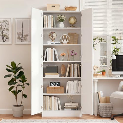80" Storage Cabinet, Tall Arched Bookcase with 4 Soft Close Doors, 6-Tier Wooden Pantry with Adjustable Shelves, Seamless Fit Wall for Home Office, Living Room, Kitchen (White)