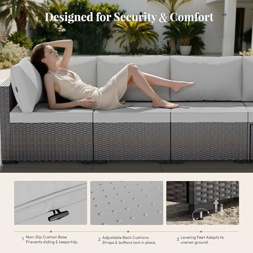 WWR Patio Furniture Set 7 Piece - All-Weather - Wicker Rattan Patio Outdoor Conversation Set, Modular Sectional Sofa for Backyard, Garden, Poolside, Balcony, Porch, Patio, Brown/Light Gray