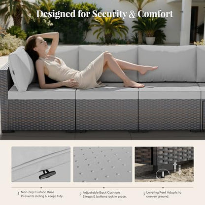 WWR Patio Furniture Set 7 Piece - All-Weather - Wicker Rattan Patio Outdoor Conversation Set, Modular Sectional Sofa for Backyard, Garden, Poolside, Balcony, Porch, Patio, Brown/Light Gray