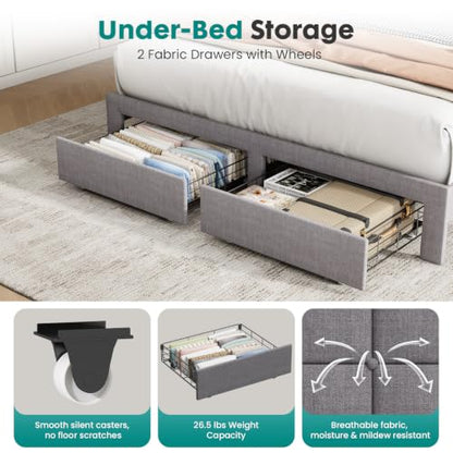 Queen Bed Frame, Upholstered Platform Bed Frame with Storage Drawers, view 6
