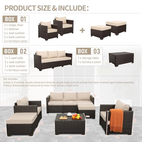 6 Pieces Patio Outdoor Furniture Outdoor Conversation Sets Wicker Sofa Set with Outdoor Couch Patio Chairs Storage Coffee Table Khaki Cushions Waterproof Covers
