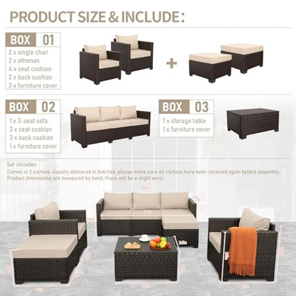 6 Pieces Patio Outdoor Furniture Outdoor Conversation Sets Wicker Sofa Set with Outdoor Couch Patio Chairs Storage Coffee Table Khaki Cushions Waterproof Covers
