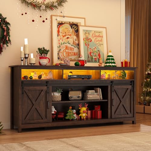 70" LED Farmhouse TV Stand for 80/75/70 Inch TVs,Tall Entertainment Center Storage Cabinets w/Power Outlets and Sliding Barn Door,Rustic TV Stands for Living Room,Media Console Cabinet (Rustic Brown)