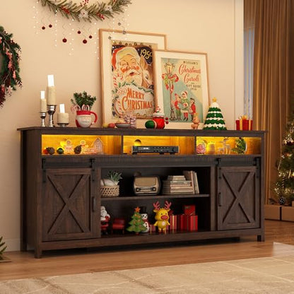 70" LED Farmhouse TV Stand for 80/75/70 Inch TVs,Tall Entertainment Center Storage Cabinets w/Power Outlets and Sliding Barn Door,Rustic TV Stands for Living Room,Media Console Cabinet (Rustic Brown)