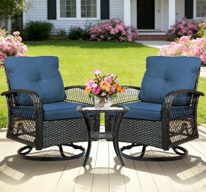 YLGJ&TIDY Outdoor Patio Furniture 3PCS Set Wicker Swivel Rocking Armchairs Set of 2 Rattan Coffee Table Cushions Patio Swivel Glider Chairs Set for Backyard Balcony Garden (Blue, Wicker 1)