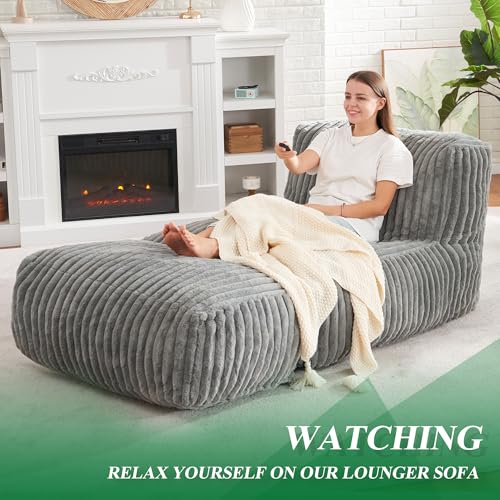 Bean Bag Chairs for Adults Giant Bean Bag Chair Memory Foam BeanBag Chair Bean Bag Sofa with Filler Faux Fur Fireside Beanbags Lazy Sofa for Living Room Bedroom Office (Grey, Large)