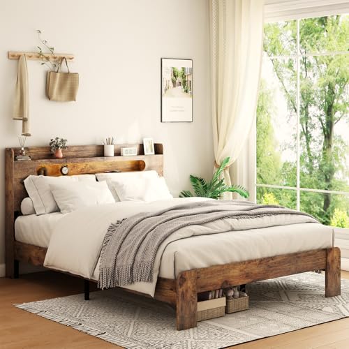 Wooden Queen Size Bed Frame with Storage Headboard, view 2