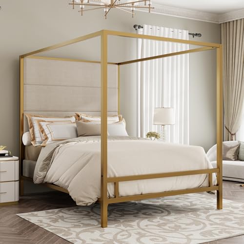 LUMISOL Queen Size Canopy Bed with Tall Headboard, view 4