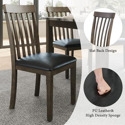 7-Piece Dining Table Set, 71" Faux Marble Modern Table with 6 PU Leather Upholstered Chairs, Heavy-Duty Solid Wood Set for Kitchen & Dining Room, Dark Brown
