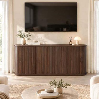 71" Fluted Sideboard Buffet Cabinet with Sliding Doors, Walnut, view 7