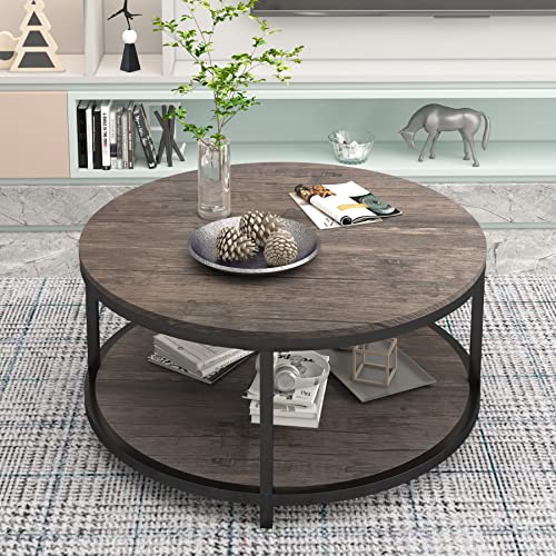 Round Coffee Table,36" Coffee Table for Living Room,2-Tier Rustic Wood Desktop with Storage Shelf Modern Design Home Furniture(Light Walnut)