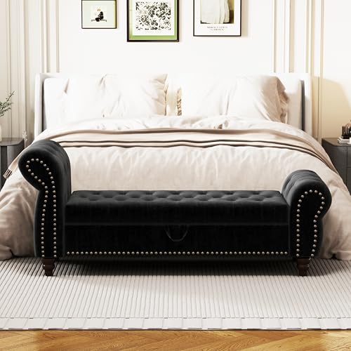 64.5" Bed Bench for Bed Room Nails Tufted Chaise of Lounge with Storage Velvet, view 6