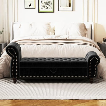 64.5" Bed Bench for Bed Room Nails Tufted Chaise of Lounge with Storage Velvet, view 6