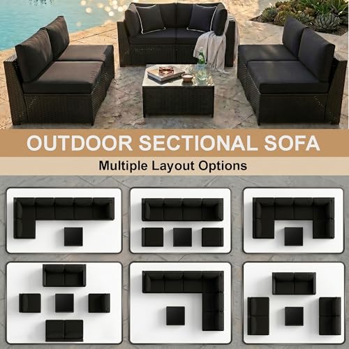 7-Piece Patio Furniture Set, All-Weather PE Rattan Outdoor Sectional Sofa, Modular Wicker Conversation Set with Thick Washable & Easy-Clean Coffee Table（Black/Black-X）