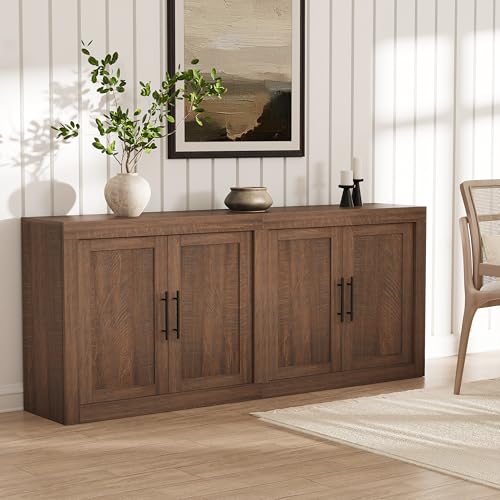 70.8" Sideboard Buffet Cabinet with 4 Wooden Doors, Brownish Red, view 2