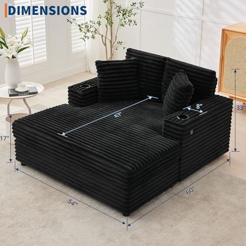 60" Oversized Corduroy Chaise Lounge Chair,Black Indoor Sleeper Sofa, view 3