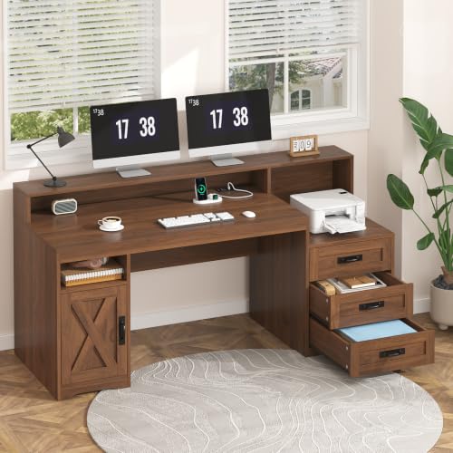 65" Farmhouse Computer Desk with Drawers and Printer Stand for Home Office, view 4