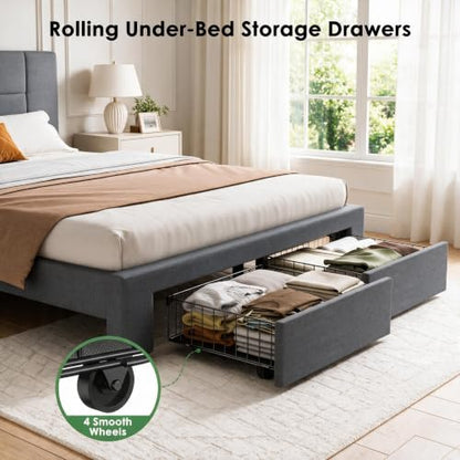 Queen Bed Frame with 2 Storage Drawers & Upholstered Adjustable Headboard, view 6