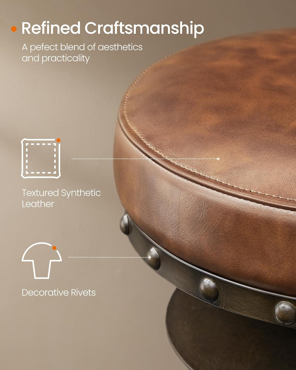 HOME Bar Stools, Set of 2, Steampunk Counter Stool for Kitchen, Adjustable Height and Swivel Padded Seat, Workbench Stool, 16.5 X 19.3 X 24.6-29.3 Inches, Caramel Brown ULJB096K01