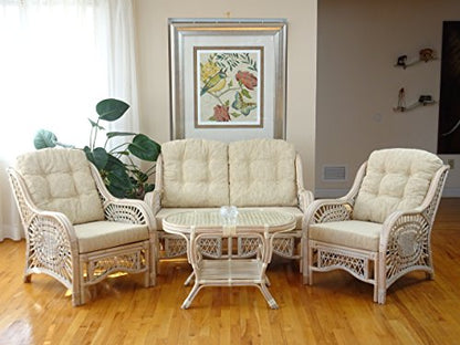 Malibu Lounge Set of 2 Natural ECO Rattan Wicker Chairs, Loveseat with Cream Cushion and Coffee Table w/Glass Handmade, White Color