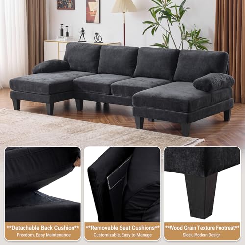 110" Sectional Couches for Living Room,U Shaped Couch with Double Chaise, 4-Seat Sofa Set with Chenille Fabric for Home Furniture,Black