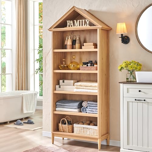 75.9" Tall Farmhouse Bookcase, Angle Arched 5 Tiers Large Bookshelf with Adjustable Shelves, Modern Wooden Geometric Book Shelf w/Storage and Open Display Shelves for Living Room, Office-Natural