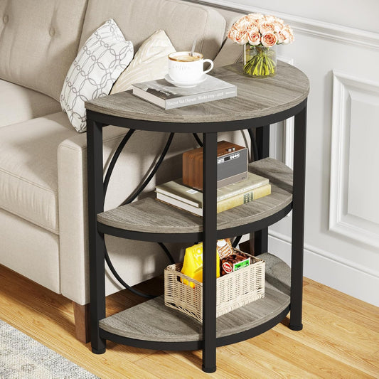 Half round End Table for Living Room Set of 2, 3-Tier Half Side Table with Metal Frame, Industrial Half Moon Table with Storage Shelves for Entryway, Bedroom, Grey