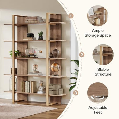 Tribesigns 5-Tier Bookshelf, Boho Bookcase, Morden Open Bookshelves with Metal Frame, 71" H x 12" D x 47" W, for Bedroom, Living Room, Home Office, Retro Oak, Beige