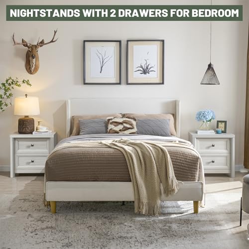 White Night Stand with Drawers, Rustic Washed White Nightstand, Farmhouse Bed Side Table for Bedroom, Bedside End Table for Living Room, Bedroom Furniture, Large Storage Wood Nightstand