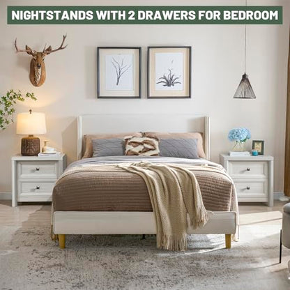 White Night Stand with Drawers, Rustic Washed White Nightstand, Farmhouse Bed Side Table for Bedroom, Bedside End Table for Living Room, Bedroom Furniture, Large Storage Wood Nightstand