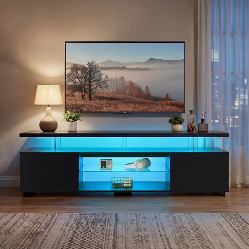 TV Stand for 70 Inch TV LED Gaming Entertainment Center Media Storage Console Table with Large Side Cabinet for Living Room Black