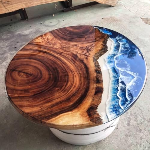 RESINHOMEFURNITURE Stunning Ocean-Inspired Resin Epoxy Table with Natural Wood Grain—Handcrafted Round Live Edge Table Deep Blue Waves and Coastal Charm (Without Stand, 18 x 18 Inches)