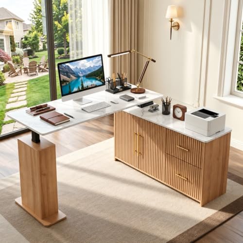 55" L-Shaped Electric Standing Desk with Drawers and Storage Cabinet, view 2