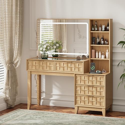 50" Large Glass Top Vanity Desk, Natural Wood, view 2