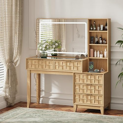 50" Large Glass Top Vanity Desk, Natural Wood, view 2