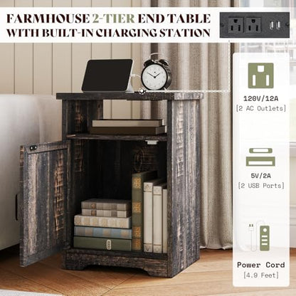3-Piece Farmhouse Table Set Includes Coffee Table& Two End Tables, Side Table with Charging Station and USB Ports, for Living Room, Dark Oak