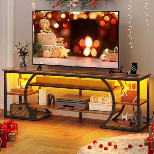 TV Stand for 65/70 Inch TV, LED TV Stands for Living Room w/Power Outlets, Entertainment Center with Storage, Wood Television Stand, TV Console Table, Rustic Brown