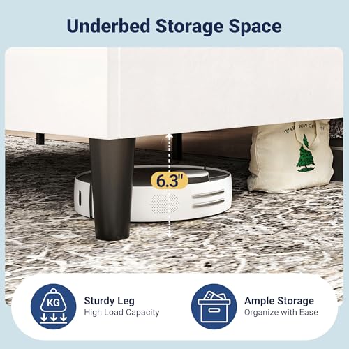 Queen Size Upholstered Bed Frame with Charging Station, White, view 7