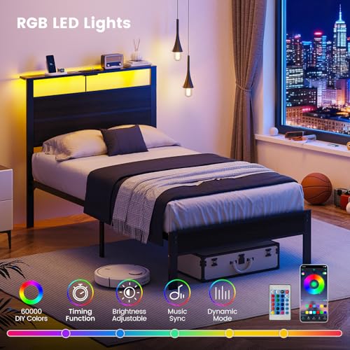 Twin Size Bed Frame with LED Lights and USB Charging Station, view 5