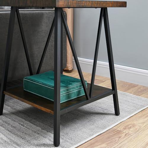 2 Tier Square Industrial End Table, Wooden Bedside Table with Saw Marks Top and Black Metal Legs, Sofa Side Table for Living Room, Bedroom, Office, Waiting Room, Dark Walnut, 20x20x24in