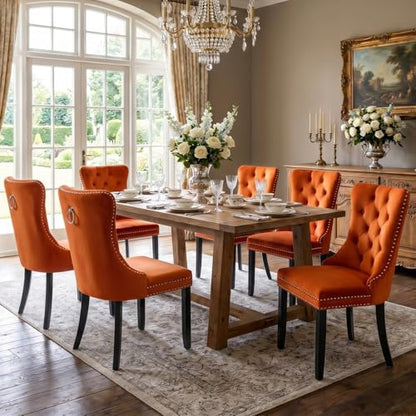 Velvet Dining Chairs Set of 4, Tall Back Side Chair, Modern Upholstered High-end Tufted Side Chair with Button Back Ring, Solid Wood Legs (Orange)