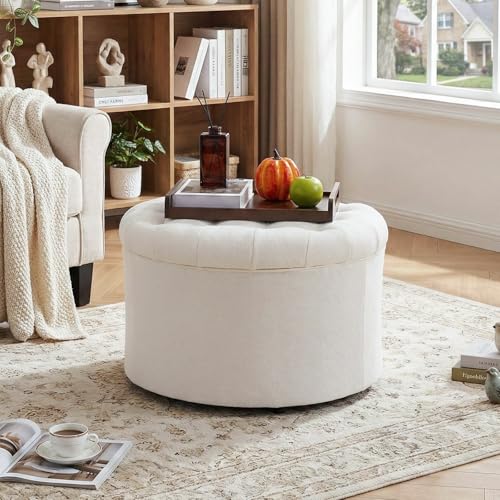 25" Round Ottoman with Hidden Storage, Ottoman Foot Rest & Storage Stool for Blanket, Chenille Fabric Foot Rest for Couch, Bedroom, Living Room, Corner, or Apartment, Accent Home Decor, Beige