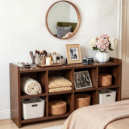 8 Cube Low Storage Organizer, 63" Long Horizontal Bookshelf, Walnut, view 6