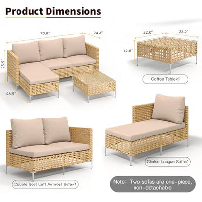 Small Outdoor Patio Furniture Set L-Shaped - Weather Resistant Wicker Sectional Chaise Sofa with Thick Cushions & Tempered Glass Coffee Table for Small Spaces, Balcony, Apartment