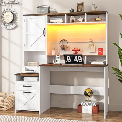 51" Executive Desk Farmhouse Home Office Desk with Charging Station, LED Light, view 2