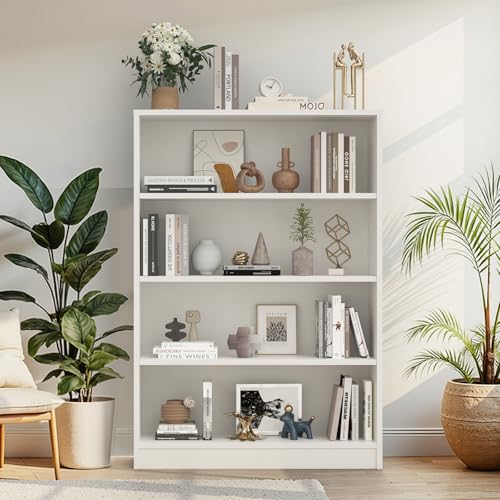 48 Inch Tall 4-Shelf Bookcase, Wood Bookshelf Storage Organizer Adjustable Shelf for Home Office, Study Room, Easy Assembly,White